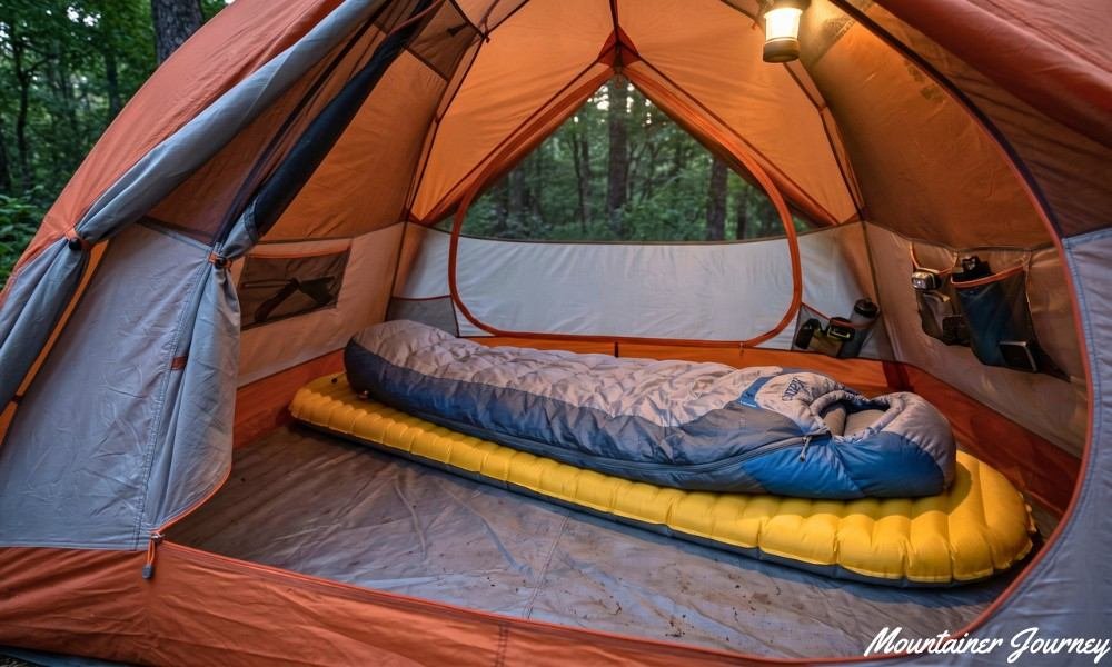 Sleeping bag and sleeping pad prepared for Appalachian Trail backpacking