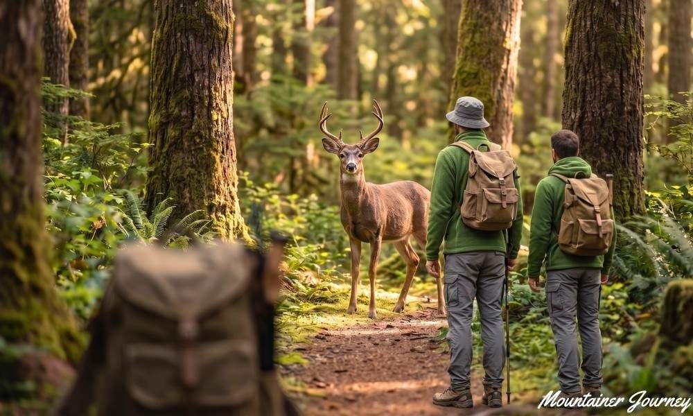 Hiker observing wildlife from a safe distance on a trail