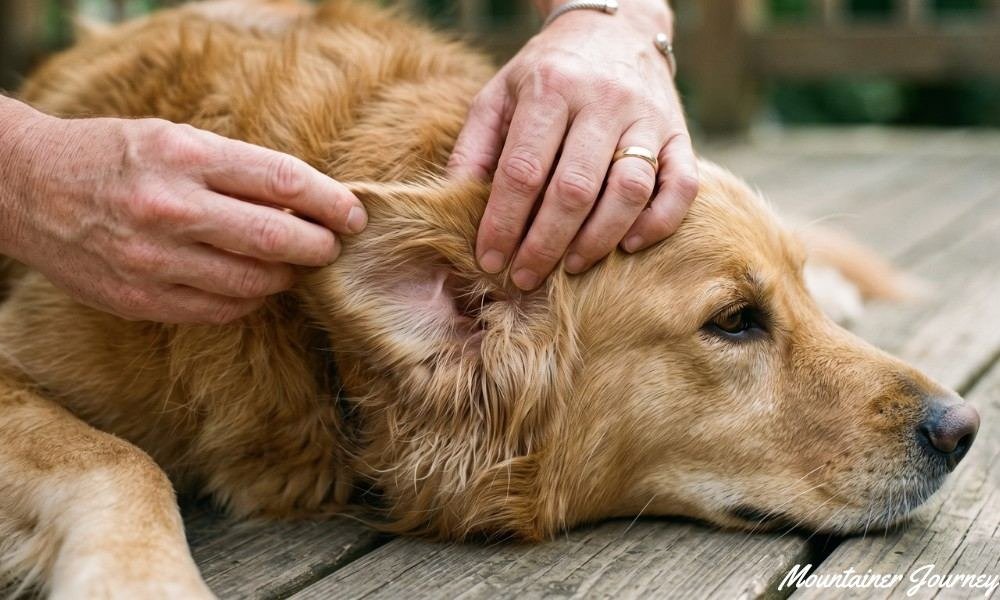 Owner checking a dog for ticks after outdoor hiking