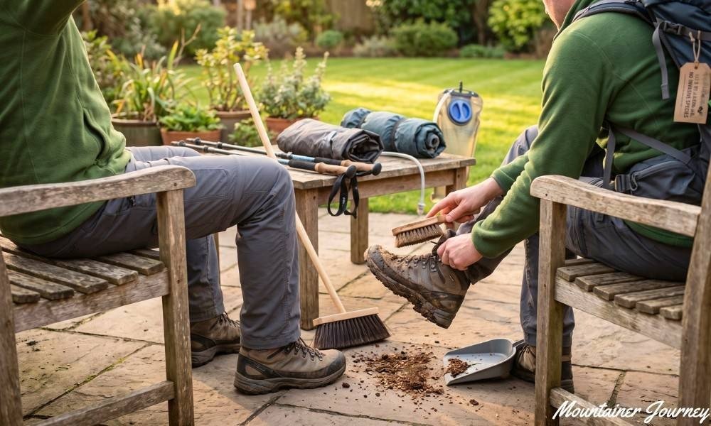 Hiker cleaning boots and gear after an outdoor trip