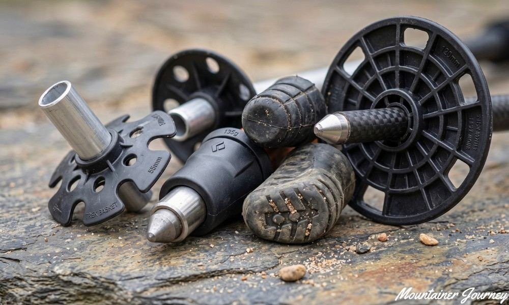 Trekking pole tips and baskets for different hiking surfaces