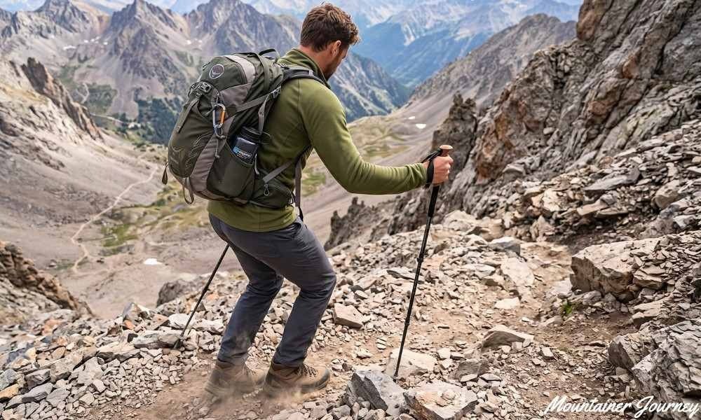 Hiker using lengthened trekking poles while descending a trail