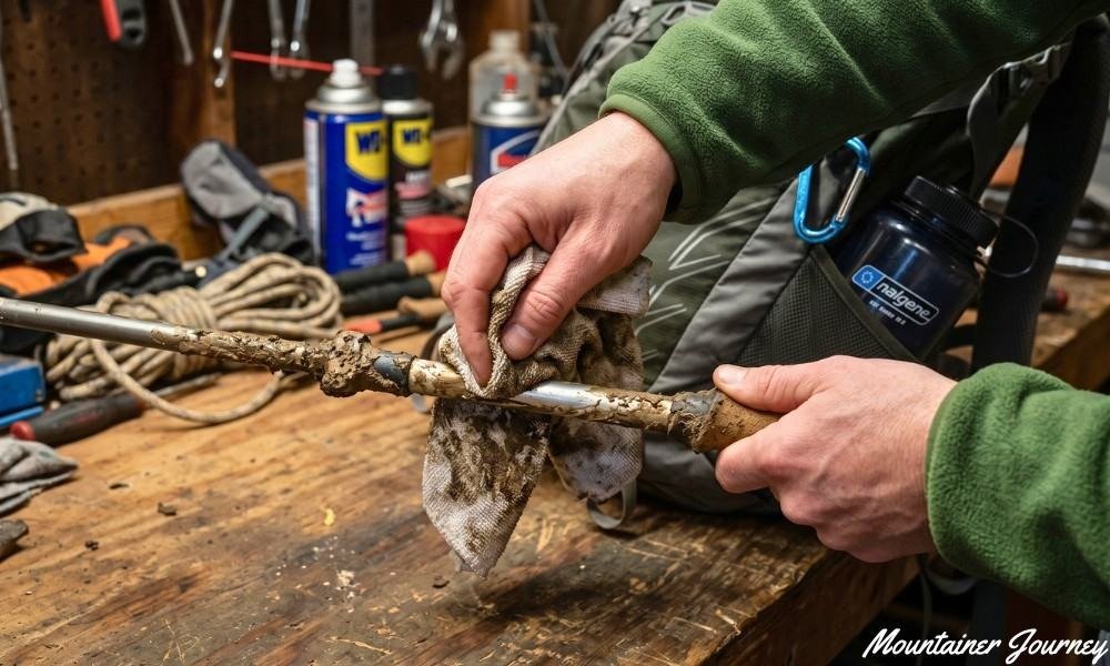 Trekking poles being cleaned and inspected after a muddy hike