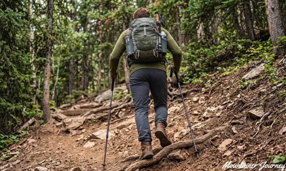 Hiker using shortened trekking poles while walking uphill