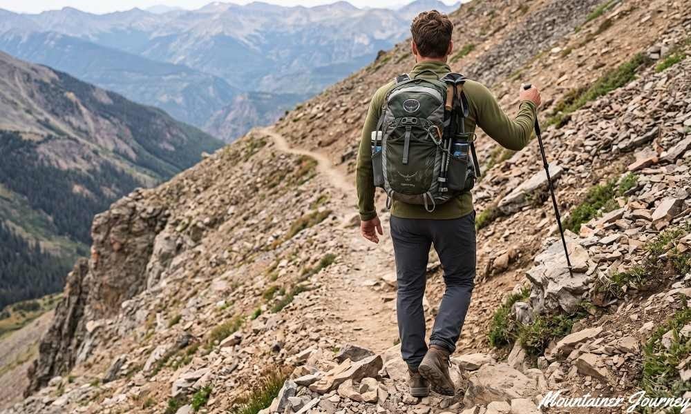 Hiker using trekking poles on rocky and uneven trail terrain