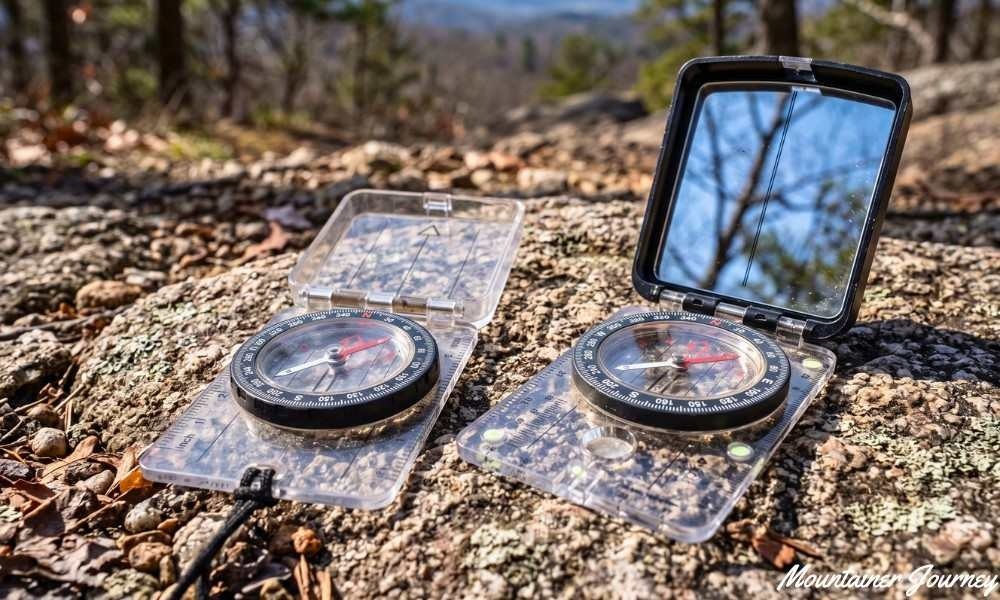 Baseplate hiking compass with rotating bezel and map scales