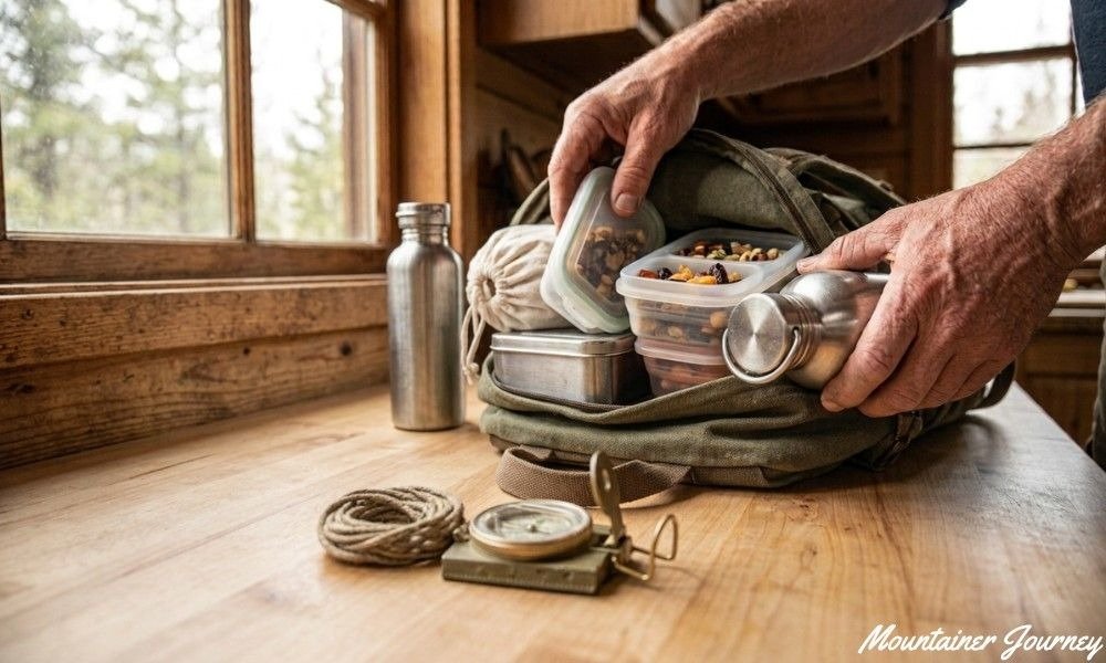 Hiking food and water packed in reusable containers