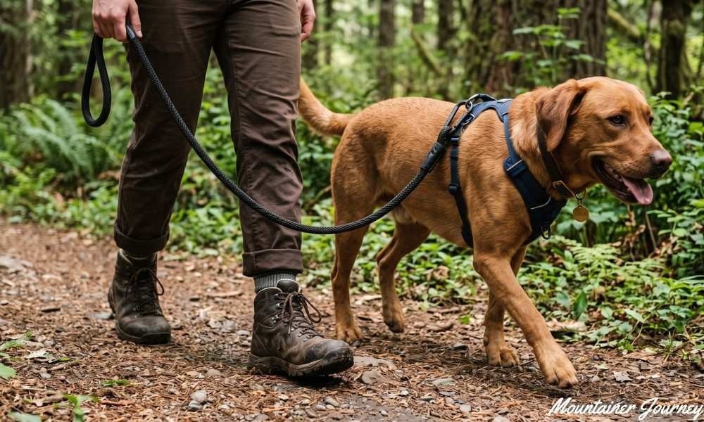 Dog practicing leash control and trail training with its owner