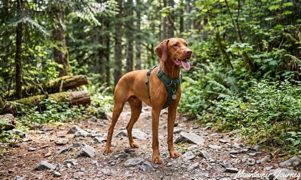 Healthy dog hiking on a natural trail with its owner