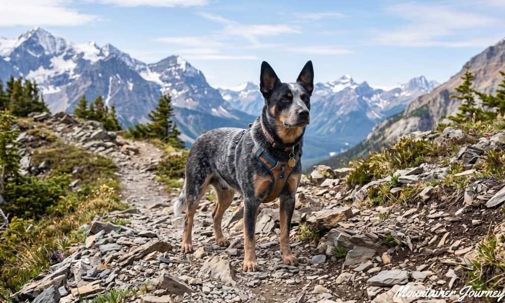 Australian Cattle Dog outdoors on rugged hiking terrain