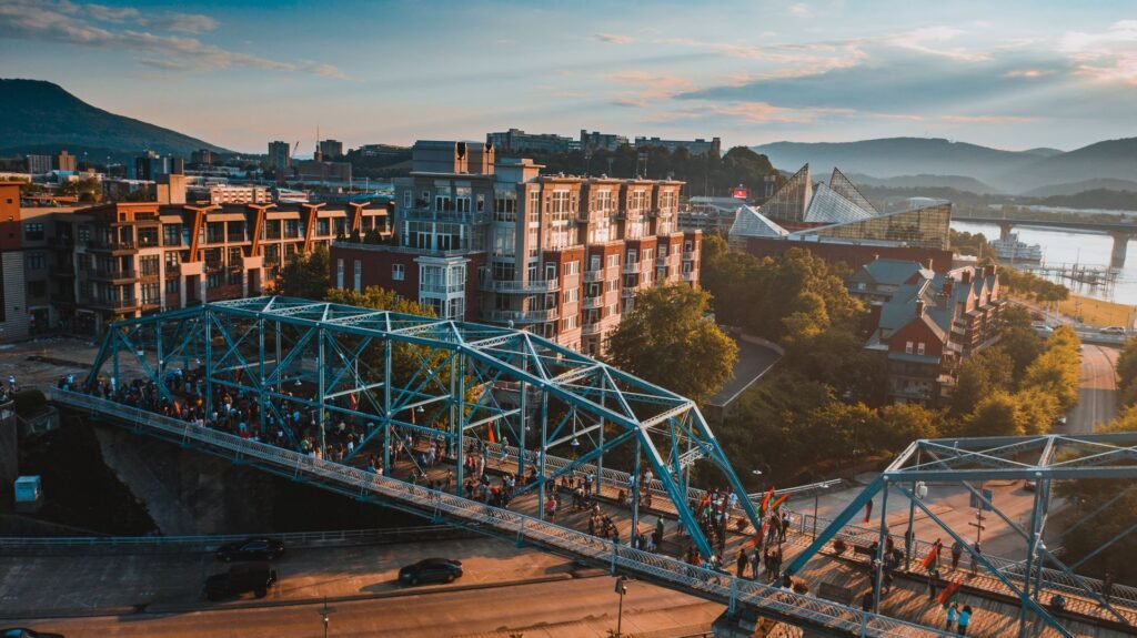Aerial view of Walnut Street Bridge over the Tennessee River at twilight