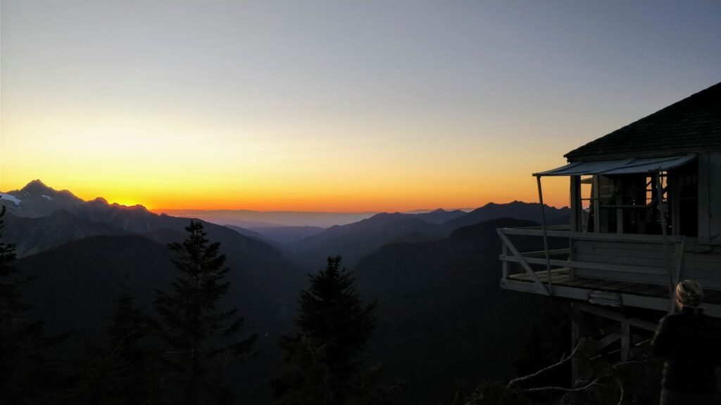Mountain ridges and valley haze at sunset