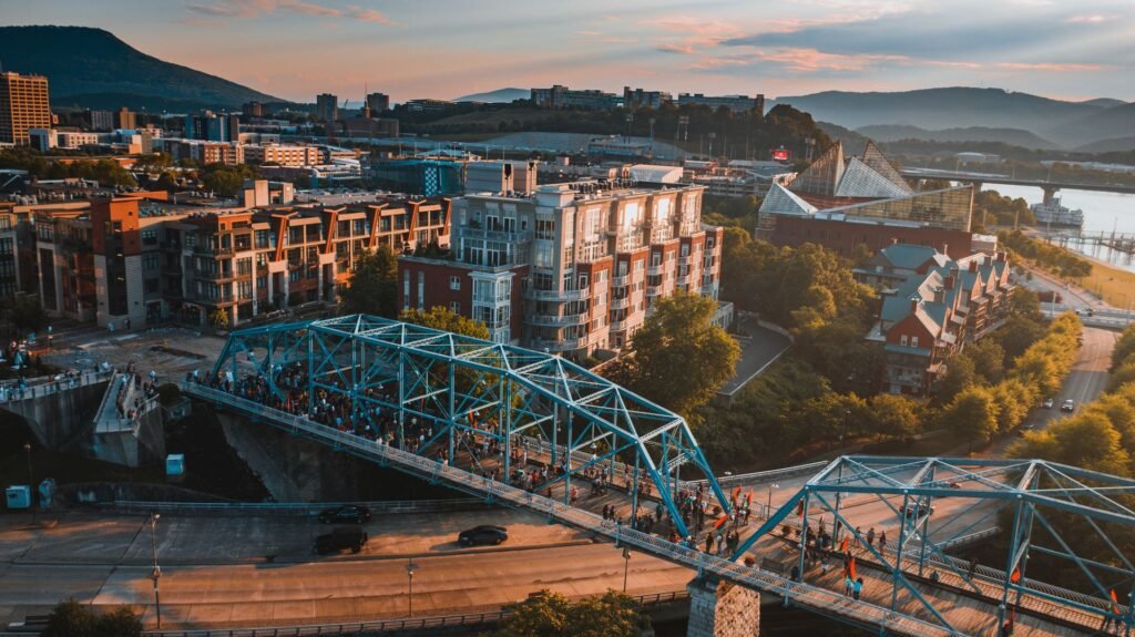 Aerial view of people on Walnut Street Bridge in Chattanooga at sunset